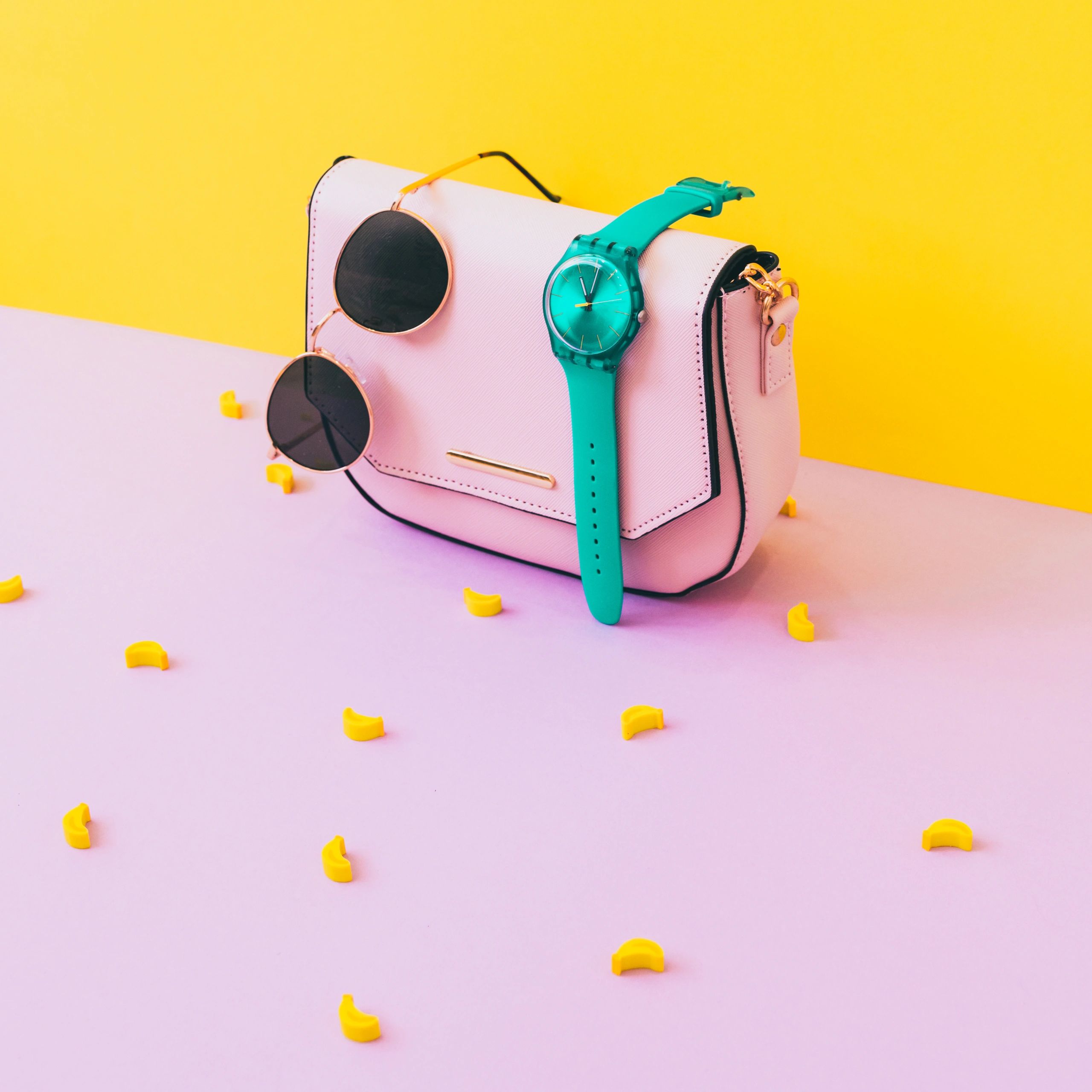 Accessories and bag flat lay