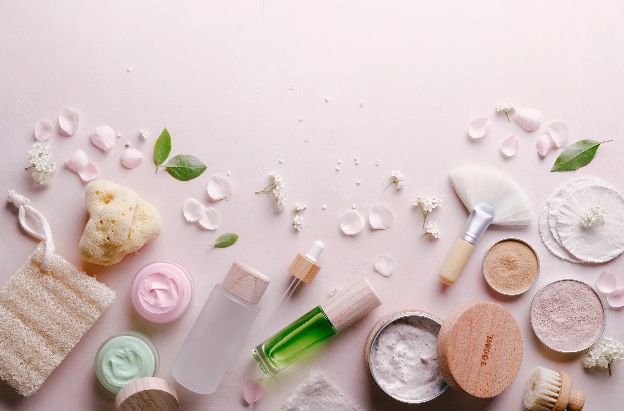 Natural cosmetics and beauty products with leaves