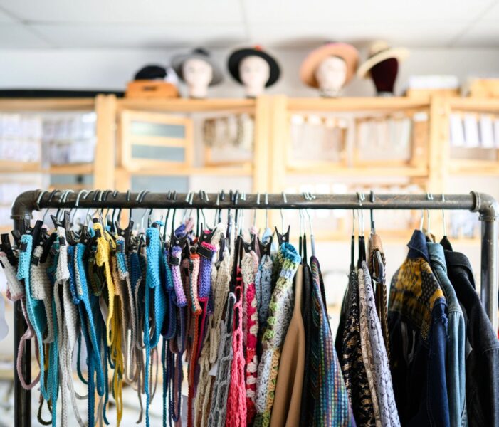 Wide shot of fashion display rack with colourful clothing in local boutique
