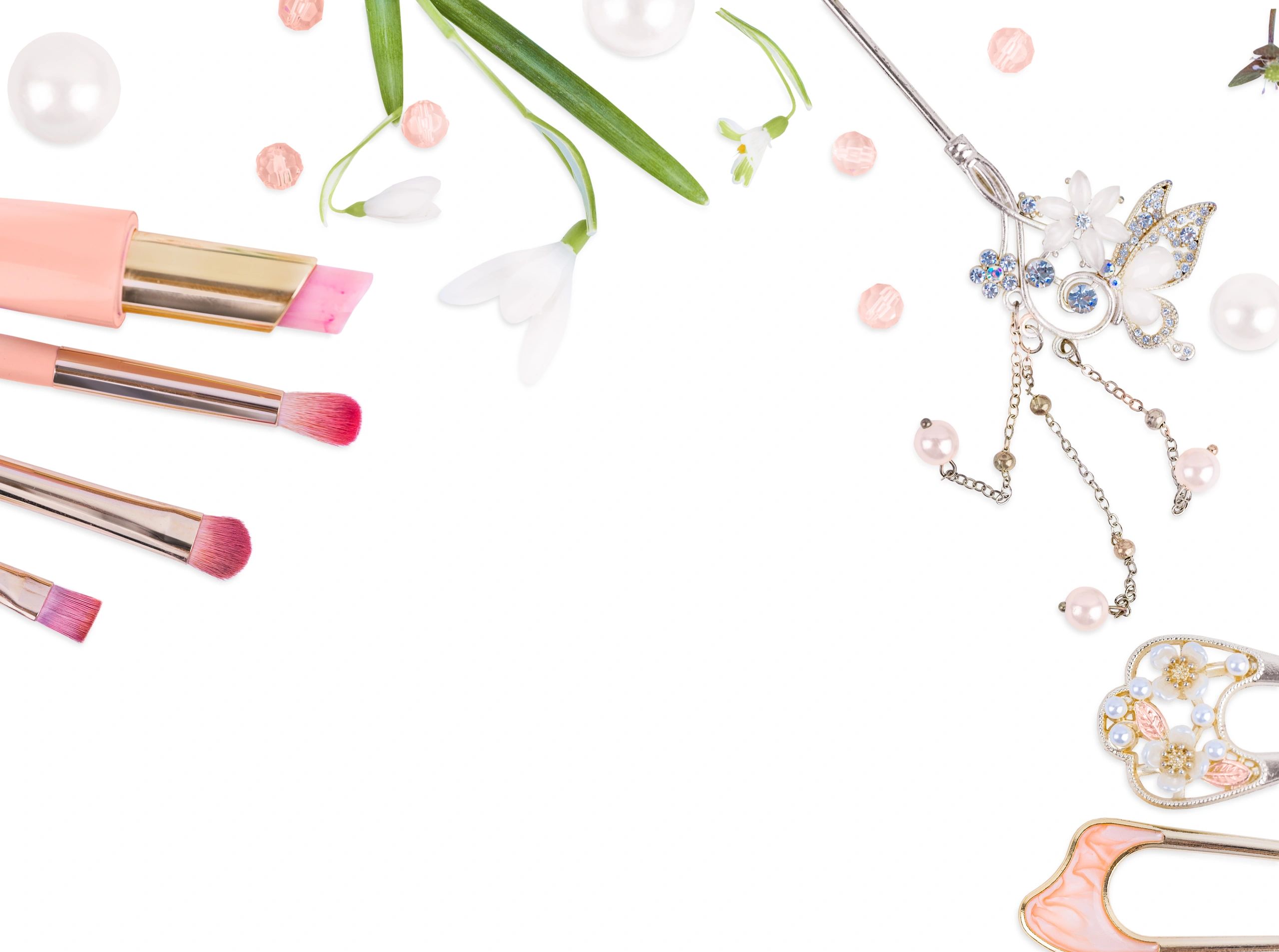Beauty and jewelry flat lay with copy space