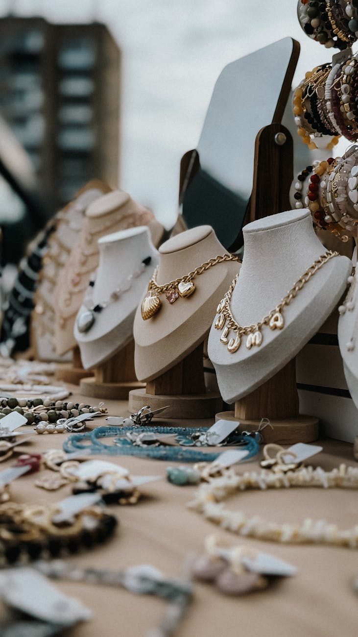 outdoor jewelry display at urban street market